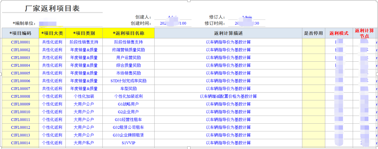 用勤哲Excel服务器开发4S店新车销售系统 - 厂家返利项目表